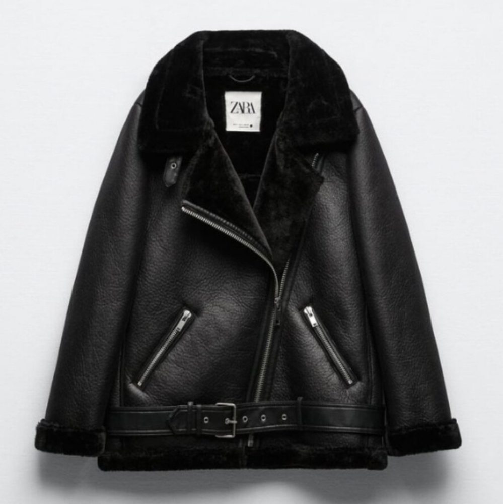 Zara Women's Black Leather Shearling Jacket